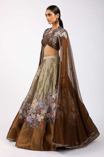 Buy_Aisha Rao_Brown Tissue, Tulle High Neck Aubepine Copper Metallic Lehenga And Blouse Set _Online_at_Aza_Fashions