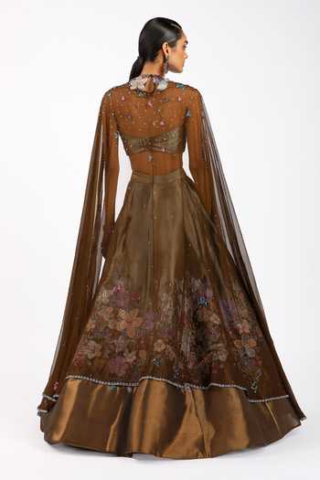 Aisha Rao_Brown Tissue, Tulle High Neck Aubepine Copper Metallic Lehenga And Blouse Set _Online_at_Aza_Fashions