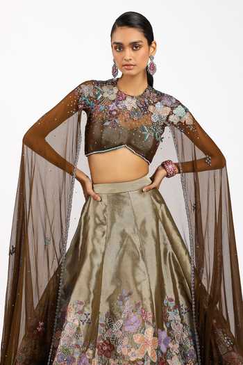 Shop_Aisha Rao_Brown Tissue, Tulle High Neck Aubepine Copper Metallic Lehenga And Blouse Set _Online_at_Aza_Fashions
