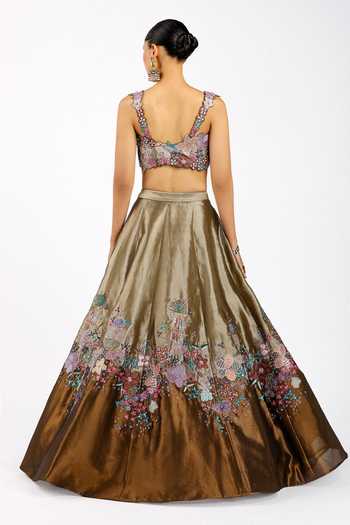Aisha Rao_Gold Tissue, Tulle Sweetheart Neck Valeria Copper Metallic Lehenga Set _Online_at_Aza_Fashions