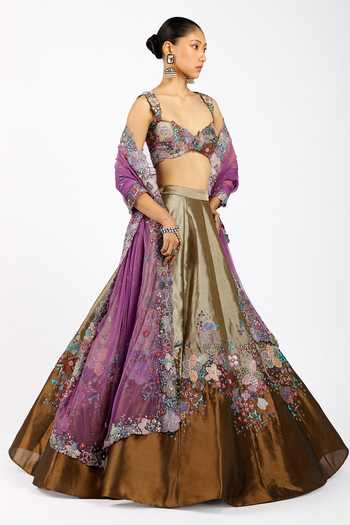 Buy_Aisha Rao_Gold Tissue, Tulle Sweetheart Neck Valeria Copper Metallic Lehenga Set _Online_at_Aza_Fashions