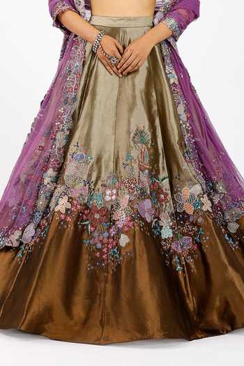 Shop_Aisha Rao_Gold Tissue, Tulle Sweetheart Neck Valeria Copper Metallic Lehenga Set _Online_at_Aza_Fashions