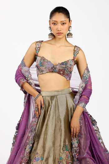 Aisha Rao_Gold Tissue, Tulle Sweetheart Neck Valeria Copper Metallic Lehenga Set _at_Aza_Fashions