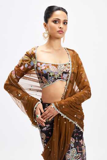 Aisha Rao_Black Organza, Tulle Square Neck Sepia Embroidered Pre-draped Saree With Blouse _Online_at_Aza_Fashions