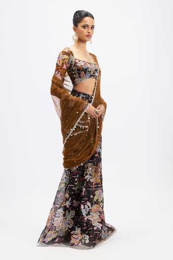 Buy_Aisha Rao_Black Organza, Tulle Square Neck Sepia Embroidered Pre-draped Saree With Blouse _Online_at_Aza_Fashions