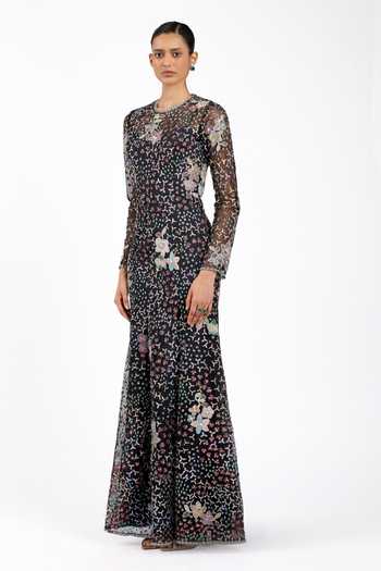 Buy_Aisha Rao_Black Tulle Embroidery, Applique Round Neck Noirine Gown _Online_at_Aza_Fashions