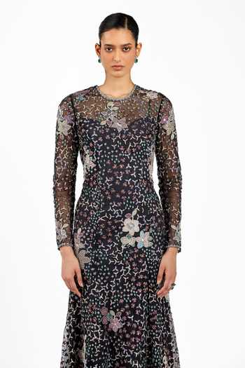 Shop_Aisha Rao_Black Tulle Embroidery, Applique Round Neck Noirine Gown _Online_at_Aza_Fashions