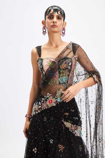 Aisha Rao_Black Silk, Tulle Sweetheart Neck Azalee Lehenga Saree Set _Online_at_Aza_Fashions