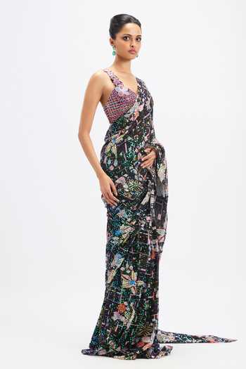 Aisha Rao_Black Tulle Sweetheart Neck Noctura Plum Sequin Saree With Blouse _Online_at_Aza_Fashions