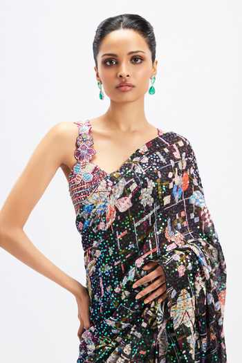 Buy_Aisha Rao_Black Tulle Sweetheart Neck Noctura Plum Sequin Saree With Blouse _Online_at_Aza_Fashions