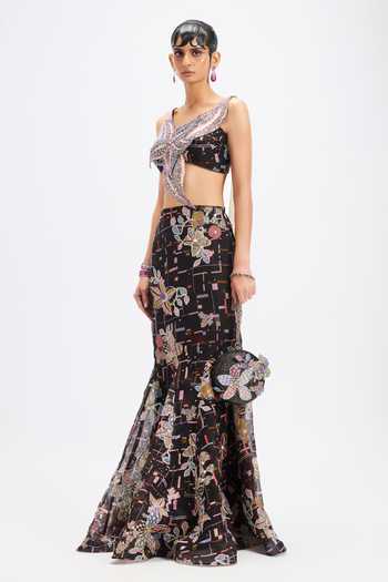 Aisha Rao_Black Organza, Tulle, Net Asymmetric Merlette Fishtail Skirt Set _Online_at_Aza_Fashions