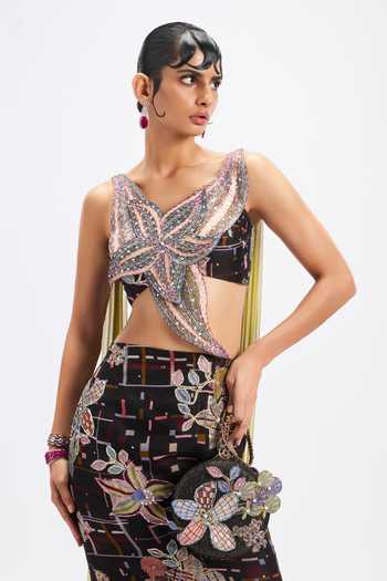 Buy_Aisha Rao_Black Organza, Tulle, Net Asymmetric Merlette Fishtail Skirt Set _Online_at_Aza_Fashions