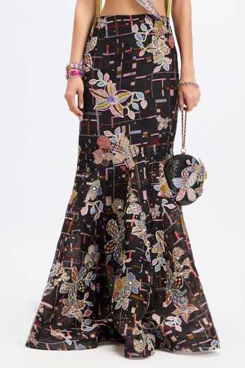 Shop_Aisha Rao_Black Organza, Tulle, Net Asymmetric Merlette Fishtail Skirt Set _Online_at_Aza_Fashions