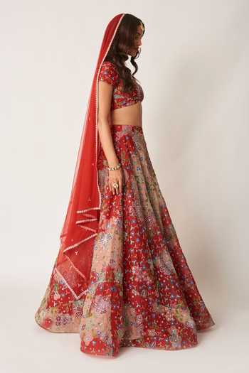 Aisha Rao_Red Organza, Tulle V-neck Brielle Printed Lehenga Set _Online_at_Aza_Fashions