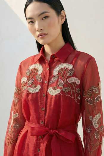 love, Kiki_Red Cotton, Organza Collared, Button-down Ruby Grape Embroidered Shirt Dress _Online_at_Aza_Fashions