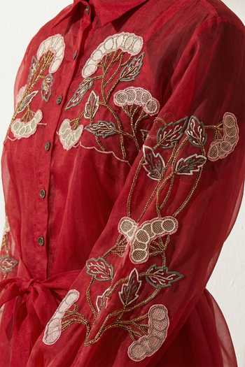Buy_love, Kiki_Red Cotton, Organza Collared, Button-down Ruby Grape Embroidered Shirt Dress _Online_at_Aza_Fashions