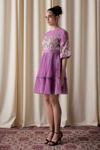 love, Kiki_Lilac , Silk Round Neck Orchid Floral Applique Skater Dress _Online_at_Aza_Fashions