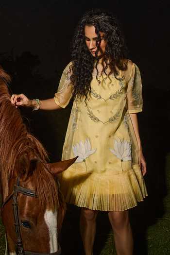 love, Kiki_Yellow Organza, Crepe Square Neck Skate Floral Embroidered Dress _Online_at_Aza_Fashions