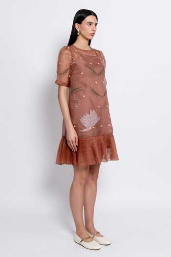 love, Kiki_Brown Silk Organza, Cotton Satin, Lycra Round Mocha Moonflower Embroidered Dress _Online_at_Aza_Fashions