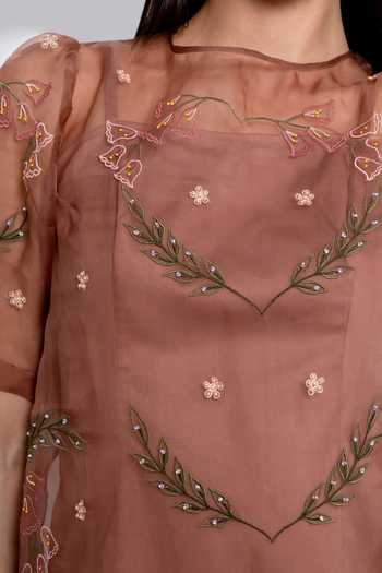 Buy_love, Kiki_Brown Silk Organza, Cotton Satin, Lycra Round Mocha Moonflower Embroidered Dress _Online_at_Aza_Fashions