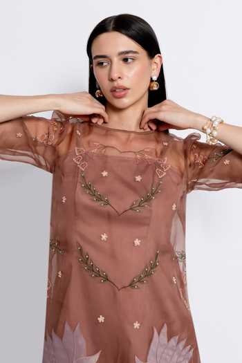 Shop_love, Kiki_Brown Silk Organza, Cotton Satin, Lycra Round Mocha Moonflower Embroidered Dress _Online_at_Aza_Fashions