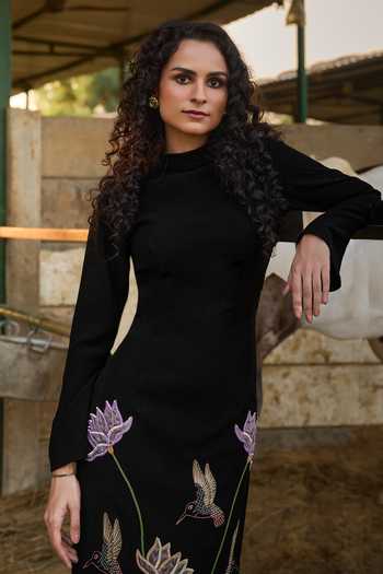 love, Kiki_Black Crepe Embroidery High Neck Starlight Nocturne Gown _Online_at_Aza_Fashions