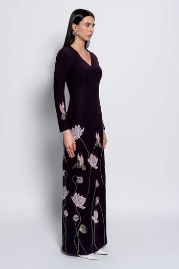 love, Kiki_Burgundy Crepe Embroidery V-neck Starlight Gown _Online_at_Aza_Fashions