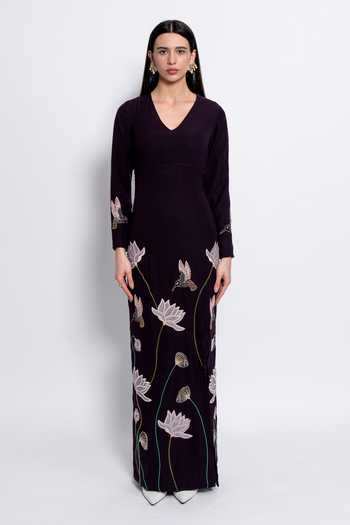 Buy_love, Kiki_Burgundy Crepe Embroidery V-neck Starlight Gown _Online_at_Aza_Fashions