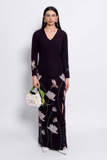 love, Kiki_Burgundy Crepe Embroidery V-neck Starlight Gown _at_Aza_Fashions