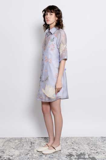 love, Kiki_Blue Silk Organza, Cotton Satin, Lycra Collared Amora Embroidered Shirt Dress _Online_at_Aza_Fashions