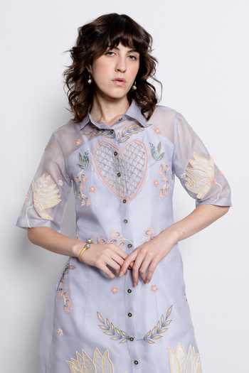 Buy_love, Kiki_Blue Silk Organza, Cotton Satin, Lycra Collared Amora Embroidered Shirt Dress _Online_at_Aza_Fashions