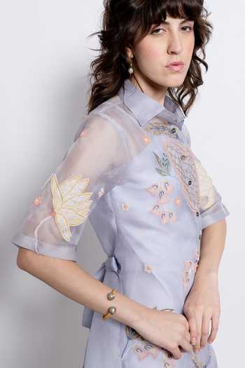 Shop_love, Kiki_Blue Silk Organza, Cotton Satin, Lycra Collared Amora Embroidered Shirt Dress _Online_at_Aza_Fashions