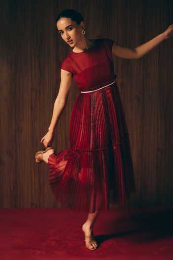 Buy_love, Kiki_Red Organza, Cotton Satin Round Neck Carmine Layered Dress _Online_at_Aza_Fashions