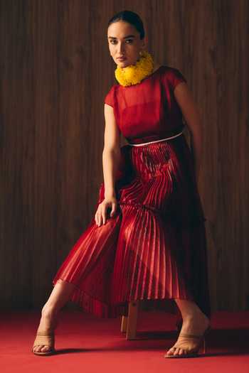 Shop_love, Kiki_Red Organza, Cotton Satin Round Neck Carmine Layered Dress _Online_at_Aza_Fashions