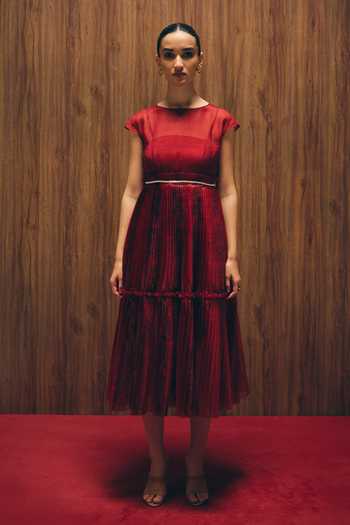 love, Kiki_Red Organza, Cotton Satin Round Neck Carmine Layered Dress _at_Aza_Fashions