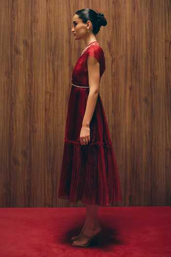 Buy_love, Kiki_Red Organza, Cotton Satin Round Neck Carmine Layered Dress 