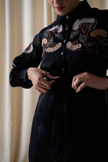 love, Kiki_Black Silk Organza, Cotton Satin Collared Moonlight Grape Shirt Dress _Online_at_Aza_Fashions