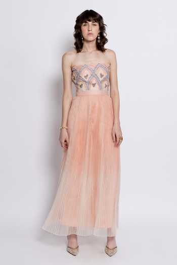 love, Kiki_Peach Silk Organza, Shantoon Embroidery, Beads Elowen Floral Strapless Gown _at_Aza_Fashions