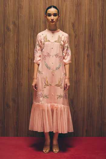 Buy_love, Kiki_Pink Organza, Satin High Neck Magnolia Bloom Embroidered Dress _Online_at_Aza_Fashions