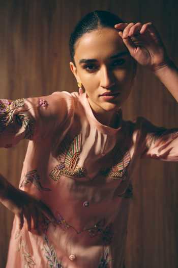 love, Kiki_Pink Organza, Satin High Neck Magnolia Bloom Embroidered Dress _at_Aza_Fashions