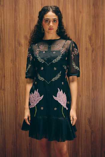 Buy_love, Kiki_Black Organza, Silk Organza, Cotton Satin Moonflower Embroidered Short Dress _Online_at_Aza_Fashions