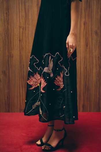love, Kiki_Black Crepe, Silk Organza Embroidery, Pearls Scoop Midnight Magnolia Bird Gown _Online_at_Aza_Fashions