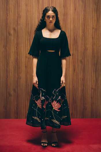 Buy_love, Kiki_Black Crepe, Silk Organza Embroidery, Pearls Scoop Midnight Magnolia Bird Gown _Online_at_Aza_Fashions