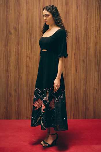 Shop_love, Kiki_Black Crepe, Silk Organza Embroidery, Pearls Scoop Midnight Magnolia Bird Gown _Online_at_Aza_Fashions