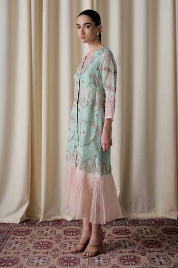 love, Kiki_Peach Silk Organza V-neck Elota Lotus Hand Embroidered Dress _Online_at_Aza_Fashions
