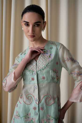 Buy_love, Kiki_Peach Silk Organza V-neck Elota Lotus Hand Embroidered Dress _Online_at_Aza_Fashions