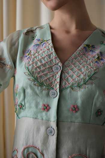 Shop_love, Kiki_Peach Silk Organza V-neck Elota Lotus Hand Embroidered Dress _Online_at_Aza_Fashions