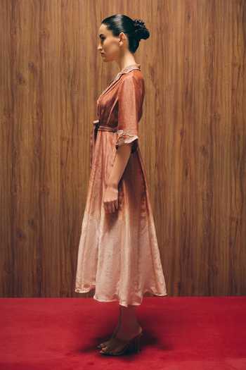 love, Kiki_Rust Silk, Linen, Cotton Satin Collared Rosewood Grape Vine Embroidered Dress _Online_at_Aza_Fashions