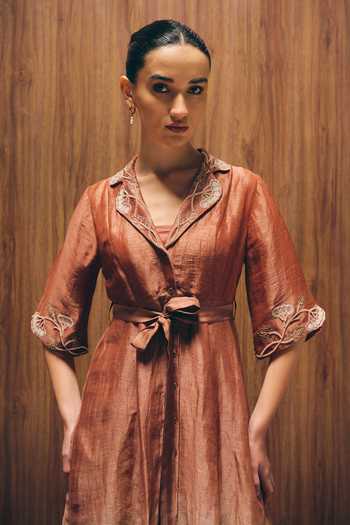 Shop_love, Kiki_Rust Silk, Linen, Cotton Satin Collared Rosewood Grape Vine Embroidered Dress _Online_at_Aza_Fashions