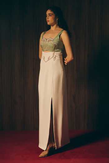 love, Kiki_Green Crepe, Satin Embroidery Square Neck Sage Silken Hand Gown _Online_at_Aza_Fashions